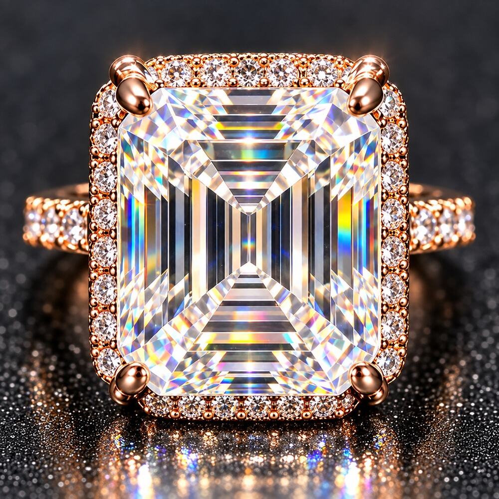 12.21 CTW VVS D Moissanite Emerald Cut Ring 925 Sterling Silver Rose Gold Sz 7